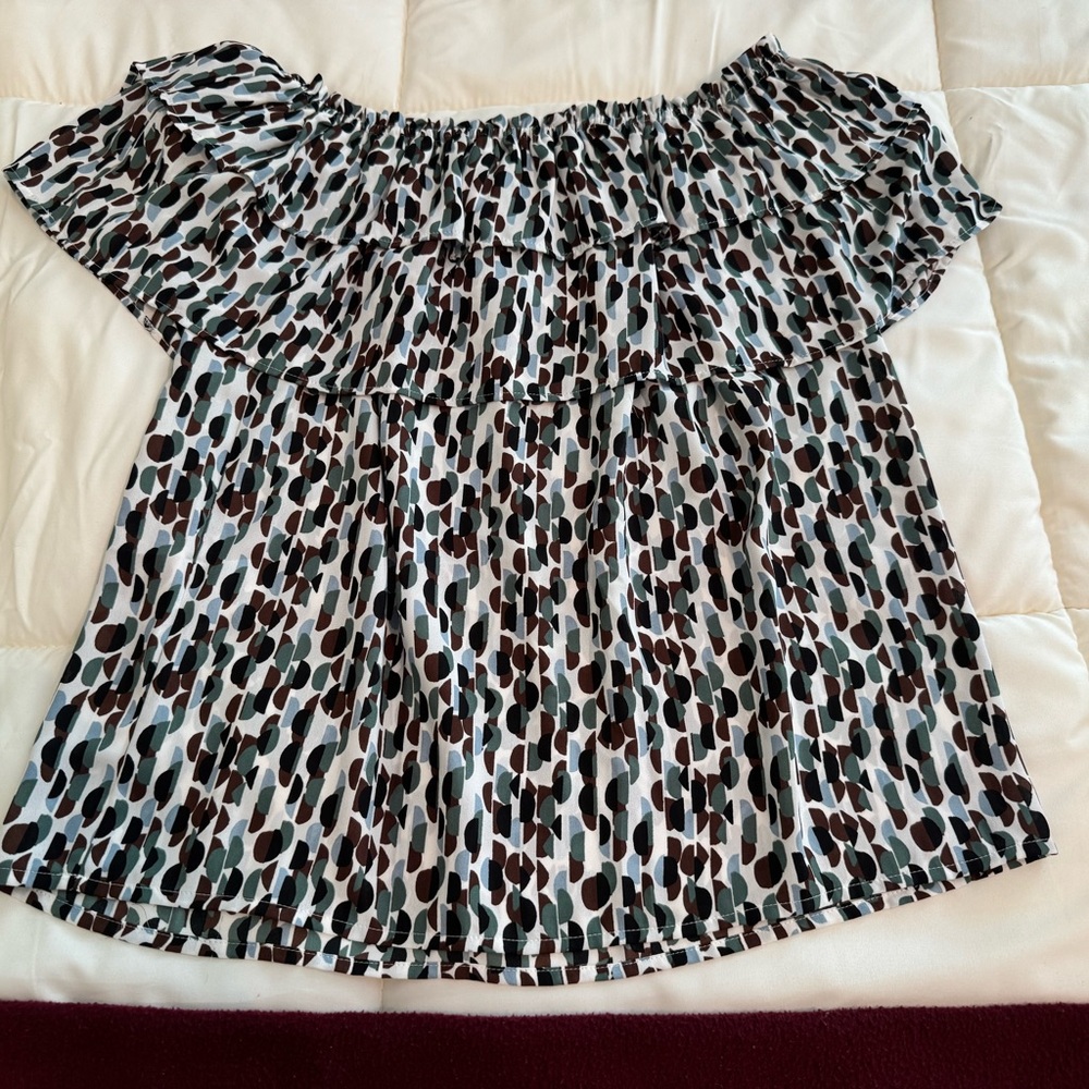 Ann Taylor Factory Black, Brown & Green Pleated Off-Shoulder Ruffle Top